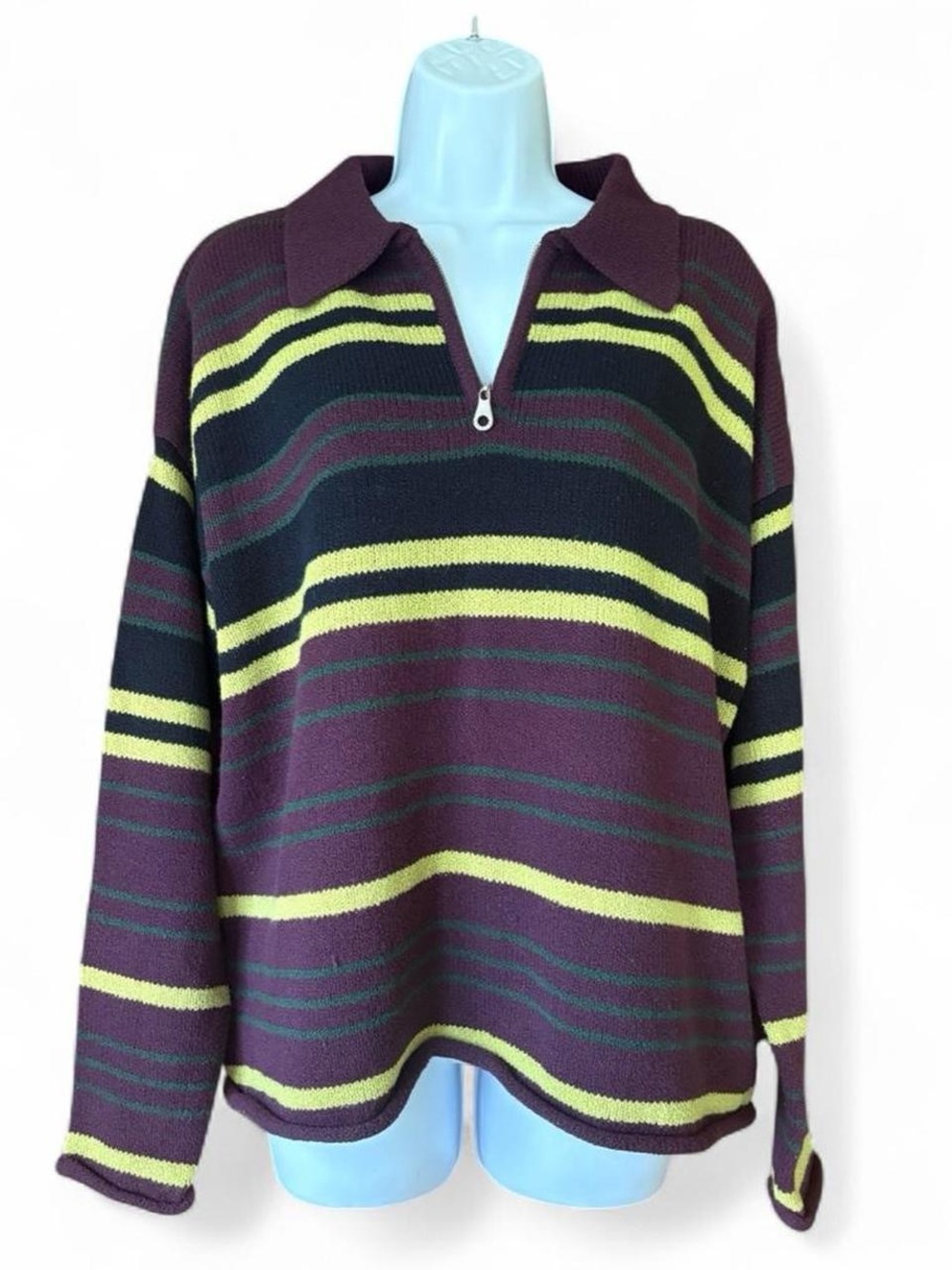 Vtg Express Striped Half-Zip Collared Sweater Large 90s Plum Lime Rugby Knit